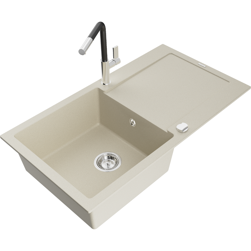 Mexen Leo Granitspüle, einteilig mit Abtropffläche und Küchenarmatur Flora, beige - 6501-69-670401-07
