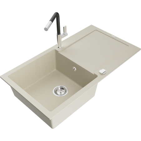 Mexen Leo Granitspüle, einteilig mit Abtropffläche und Küchenarmatur Flora, beige - 6501-69-670401-07