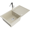Mexen Leo Granitspüle, einteilig mit Abtropffläche und Küchenarmatur Flora, beige - 6501-69-670401-07
