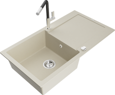Mexen Leo Granitspüle, einteilig mit Abtropffläche und Küchenarmatur Flora, beige - 6501-69-670401-07