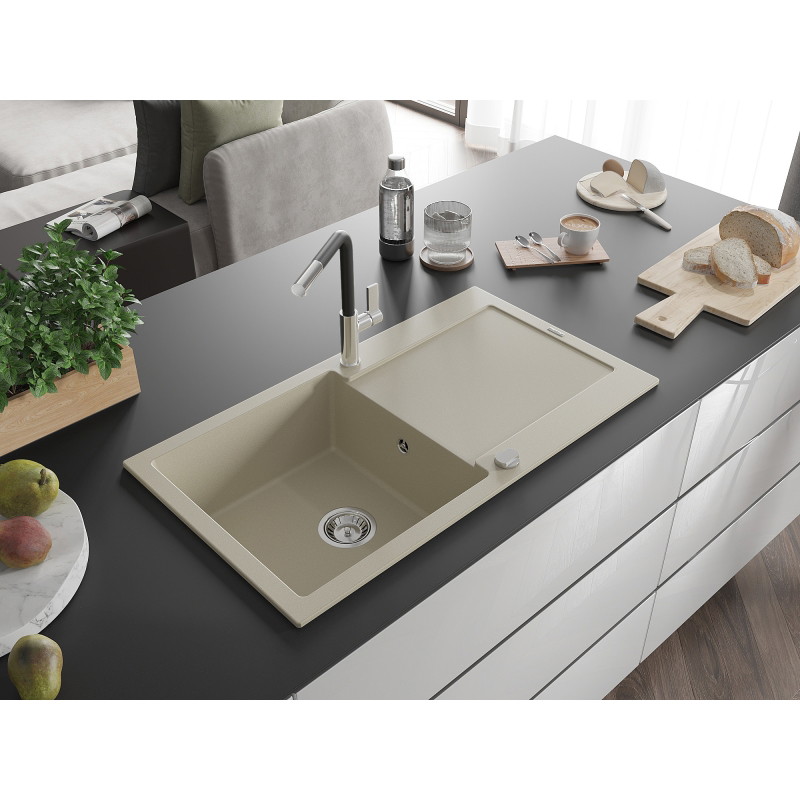 Mexen Leo granitspüle einbeckig mit abtropffläche und küchenarmatur Flora, beige - 6501-69-670401-07