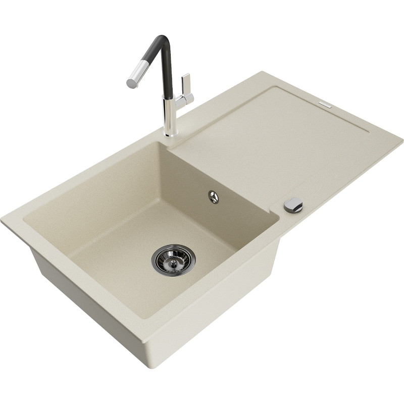 Mexen Leo Granitspüle einbecken mit Abtropffläche und Küchenarmatur Flora, beige - 6501-69-670401-07-B
