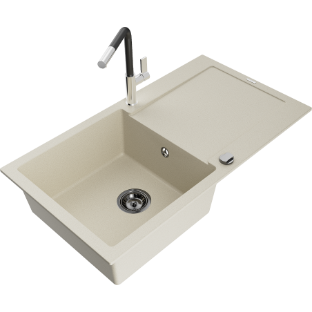 Mexen Leo Granitspüle einbecken mit Abtropffläche und Küchenarmatur Flora, beige - 6501-69-670401-07-B
