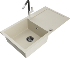 Mexen Leo Granitspüle einbecken mit Abtropffläche und Küchenarmatur Flora, beige - 6501-69-670401-07-B