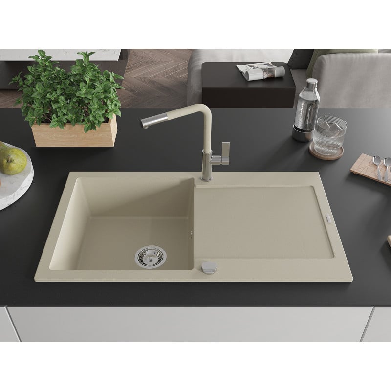 Mexen Leo Granitspüle 1-Becken mit Abtropffläche und Küchenarmatur Flora, beige - 6501-69-670401-09