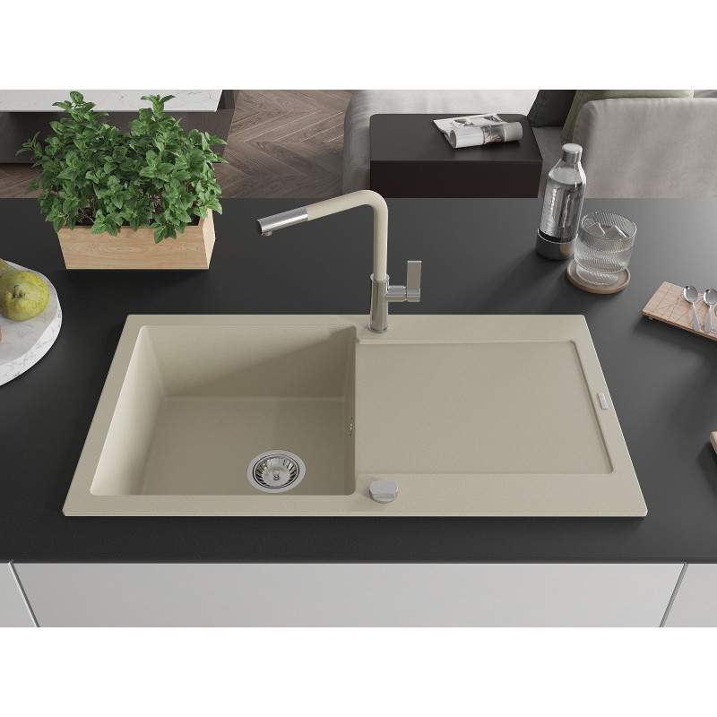 Mexen Leo Granitspüle 1-beckig mit Abtropffläche und Küchenarmatur Flora, beige - 6501-69-670401-09