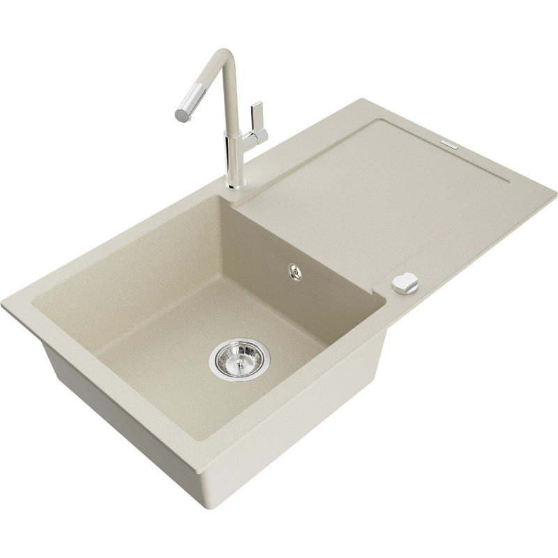 Mexen Leo Granitspüle 1-beckig mit Abtropffläche und Küchenarmatur Flora, beige - 6501-69-670401-09