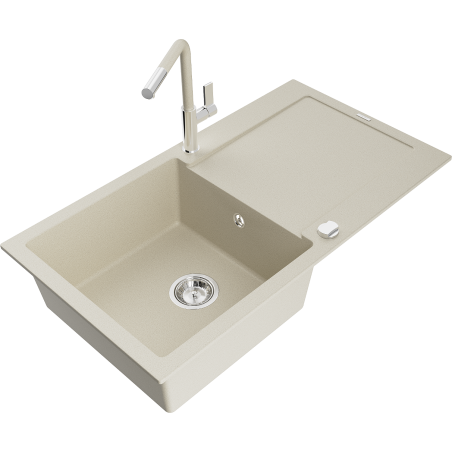Mexen Leo Granitspüle 1-Becken mit Abtropffläche und Küchenarmatur Flora, beige - 6501-69-670401-09