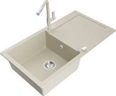 Mexen Leo Granitspüle 1-Becken mit Abtropffläche und Küchenarmatur Flora, beige - 6501-69-670401-09