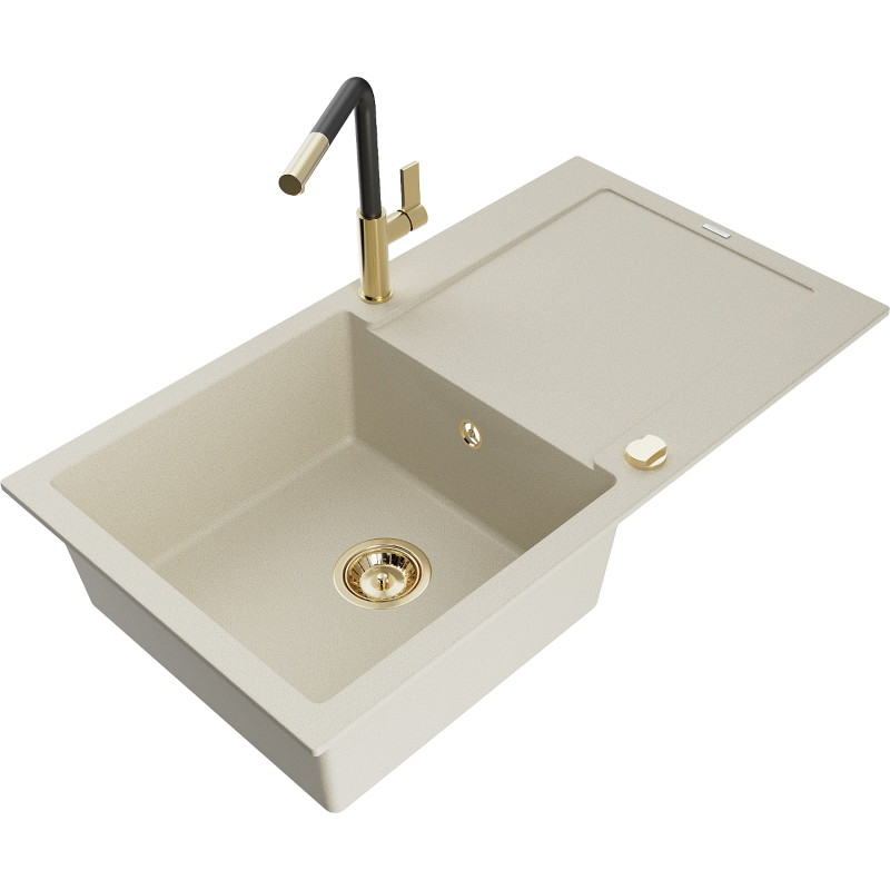 Mexen Leo Granitspüle 1-Becken mit Ablage und Küchenarmatur Flora, beige - 6501-69-670401-57-G