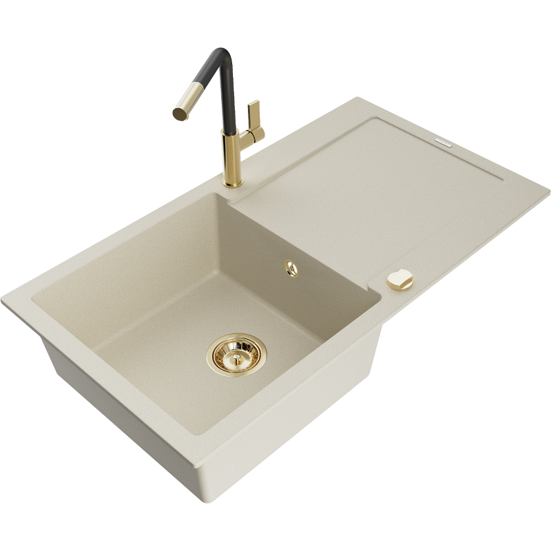Mexen Leo Granitspüle 1-Becken mit Abtropffläche und Küchenarmatur Flora, beige - 6501-69-670401-57-G