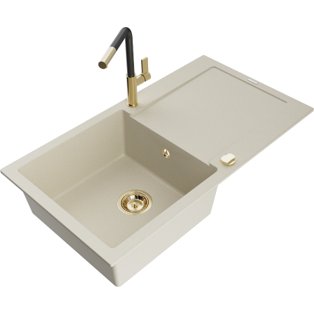 Mexen Leo Granitspüle 1-Becken mit Ablage und Küchenarmatur Flora, beige - 6501-69-670401-57-G