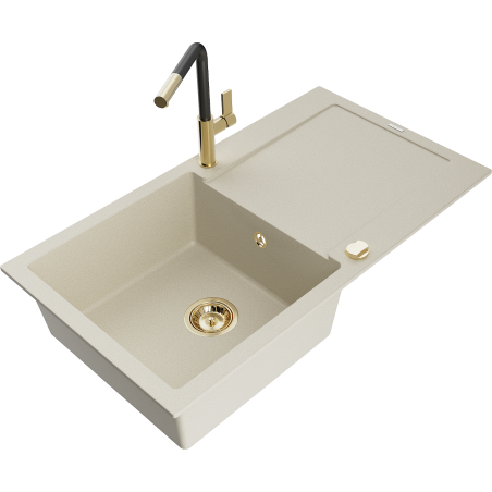 Mexen Leo Granitspüle 1-Becken mit Abtropffläche und Küchenarmatur Flora, beige - 6501-69-670401-57-G