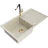 Mexen Leo Granitspüle 1-Becken mit Ablage und Küchenarmatur Flora, beige - 6501-69-670401-57-G
