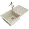 Mexen Leo Granitspüle 1-Becken mit Abtropffläche und Küchenarmatur Flora, beige - 6501-69-670401-57-G