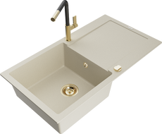 Mexen Leo Granitspüle 1-Becken mit Abtropffläche und Küchenarmatur Flora, beige - 6501-69-670401-57-G