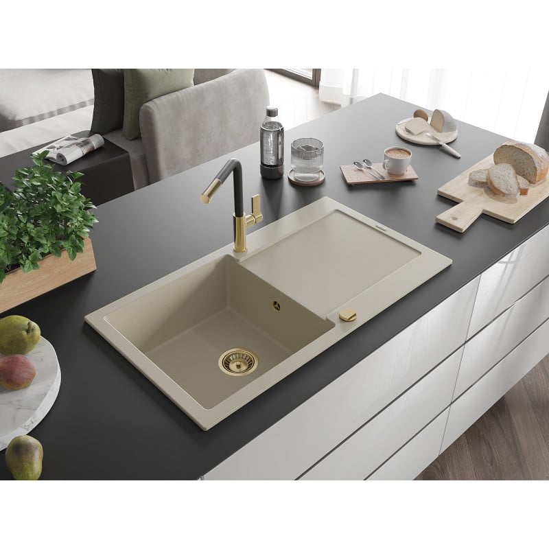 Mexen Leo Granitspüle 1-Becken mit Abtropffläche und Küchenarmatur Flora, beige - 6501-69-670401-57-G