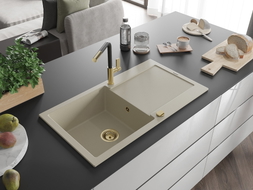 Mexen Leo Granitspüle 1-Becken mit Abtropffläche und Küchenarmatur Flora, beige - 6501-69-670401-57-G
