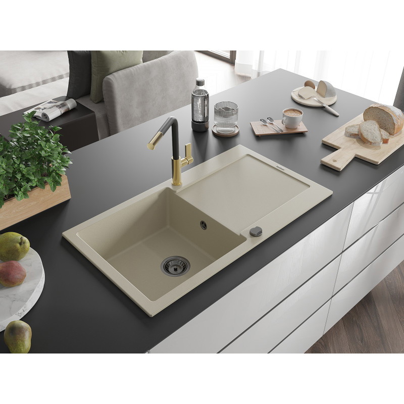 Mexen Leo Granitspüle 1-beckig mit Abtropffläche und Küchenarmatur Flora, beige - 6501-69-670401-57-B