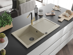 Mexen Leo Granitspüle 1-beckig mit Abtropffläche und Küchenarmatur Flora, beige - 6501-69-670401-57-B