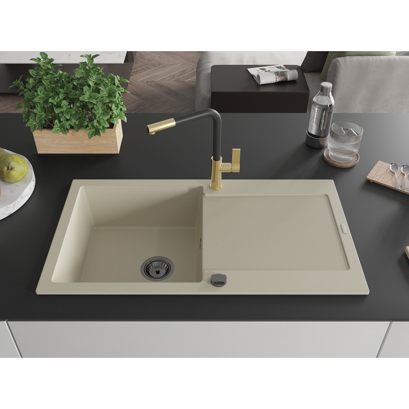 Mexen Leo Granitspüle 1-beckig mit Abtropffläche und Küchenarmatur Flora, beige - 6501-69-670401-57-B