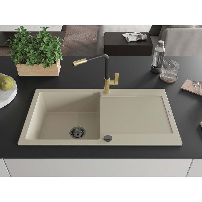 Mexen Leo granitspüle mit 1 Becken und Abtropffläche sowie Küchenarmatur Flora, beige - 6501-69-670401-57-B