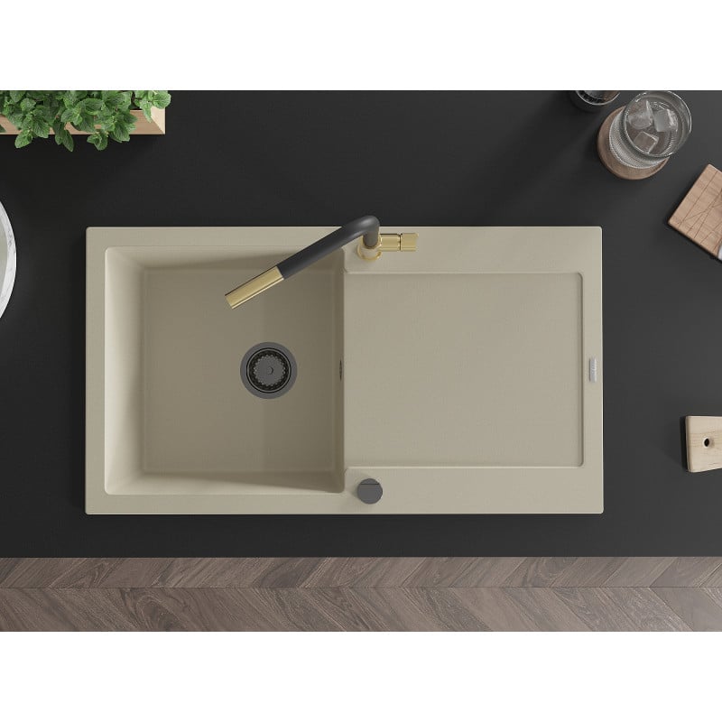 Mexen Leo Granitspüle 1-beckig mit Abtropffläche und Küchenarmatur Flora, beige - 6501-69-670401-57-B