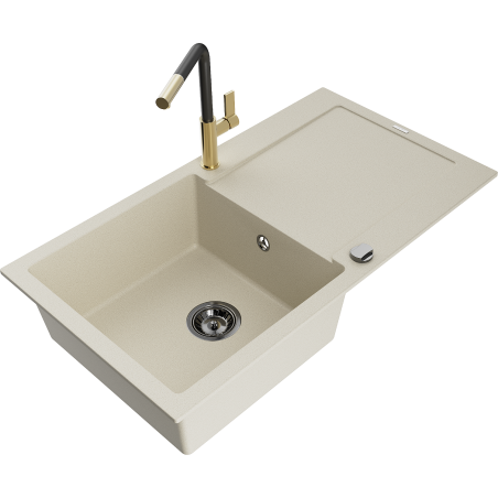Mexen Leo Granitspüle 1-beckig mit Abtropffläche und Küchenarmatur Flora, beige - 6501-69-670401-57-B
