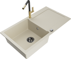 Mexen Leo Granitspüle 1-beckig mit Abtropffläche und Küchenarmatur Flora, beige - 6501-69-670401-57-B
