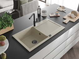 Mexen Leo Granitspüle 1-Becken mit Abtropffläche und Küchenarmatur Flora, beige - 6501-69-670401-70-B