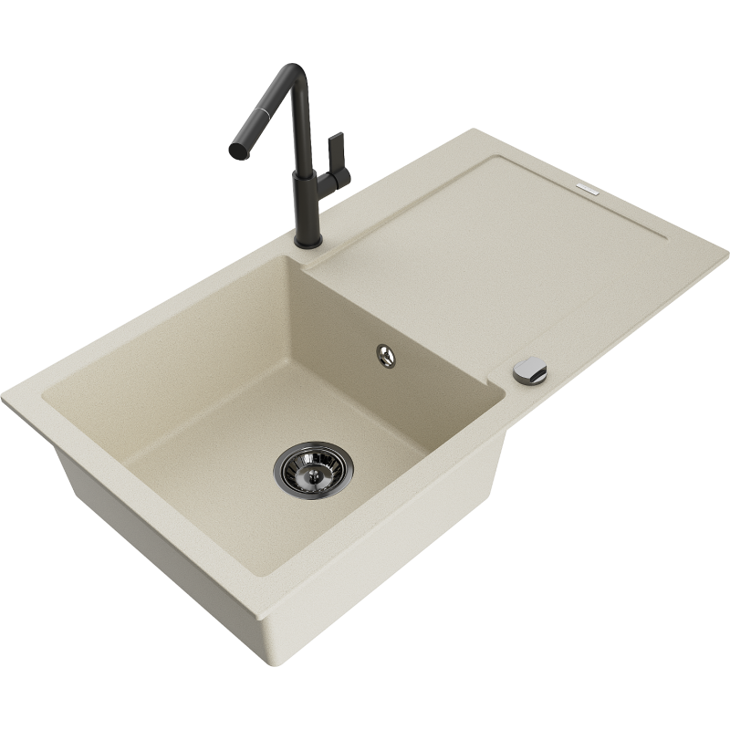 Mexen Leo Granitspüle 1-Becken mit Abtropffläche und Küchenarmatur Flora, beige - 6501-69-670401-70-B