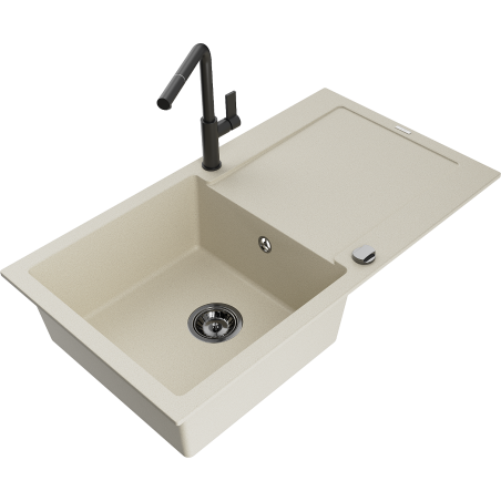 Mexen Leo Granitspüle 1-Becken mit Abtropffläche und Küchenarmatur Flora, beige - 6501-69-670401-70-B