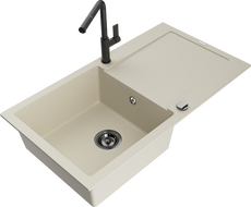 Mexen Leo Granitspüle 1-Becken mit Abtropffläche und Küchenarmatur Flora, beige - 6501-69-670401-70-B