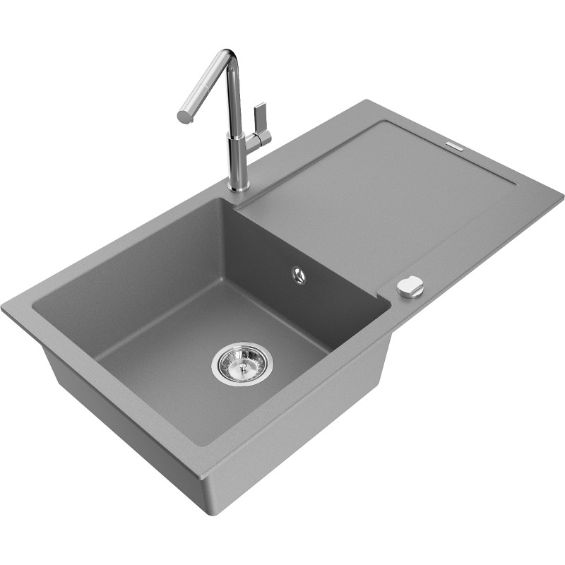 Mexen Leo Granit-Spülbecken 1-Kammer mit Abtropffläche und Küchenarmatur Flora, grau - 6501-71-670401-00