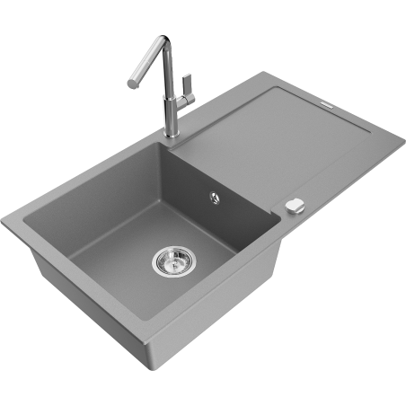 Mexen Leo Granit-Spülbecken 1-Kammer mit Abtropffläche und Küchenarmatur Flora, grau - 6501-71-670401-00
