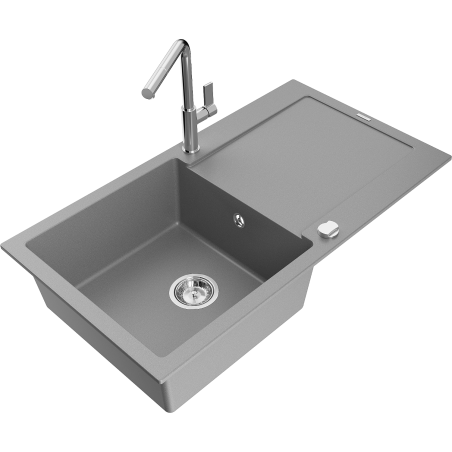 Mexen Leo Granitspüle 1-Becken mit Abtropffläche und Küchenarmatur Flora, grau - 6501-71-670401-00