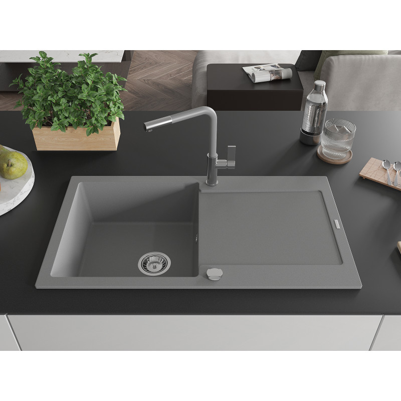 Mexen Leo Granitspüle 1-Becken mit Abtropffläche und Küchenarmatur Flora, grau - 6501-71-670401-06