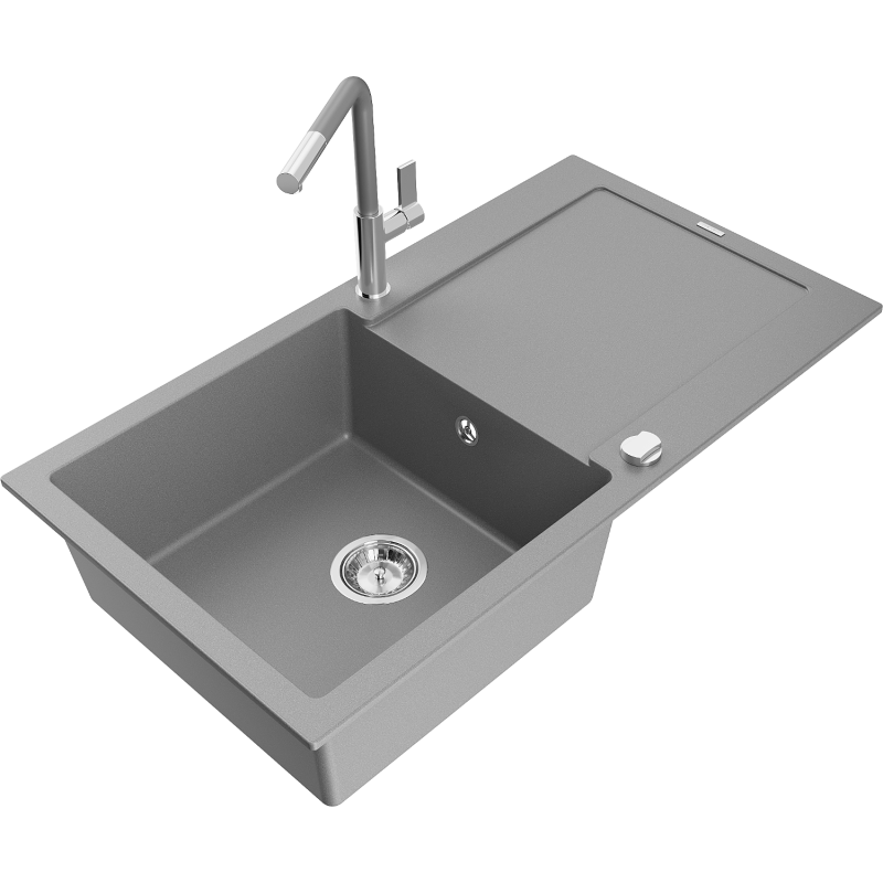 Mexen Leo Granitspüle 1-Becken mit Abtropffläche und Küchenarmatur Flora, grau - 6501-71-670401-06
