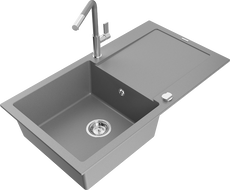 Mexen Leo Granitspüle 1-Becken mit Abtropffläche und Küchenarmatur Flora, grau - 6501-71-670401-06
