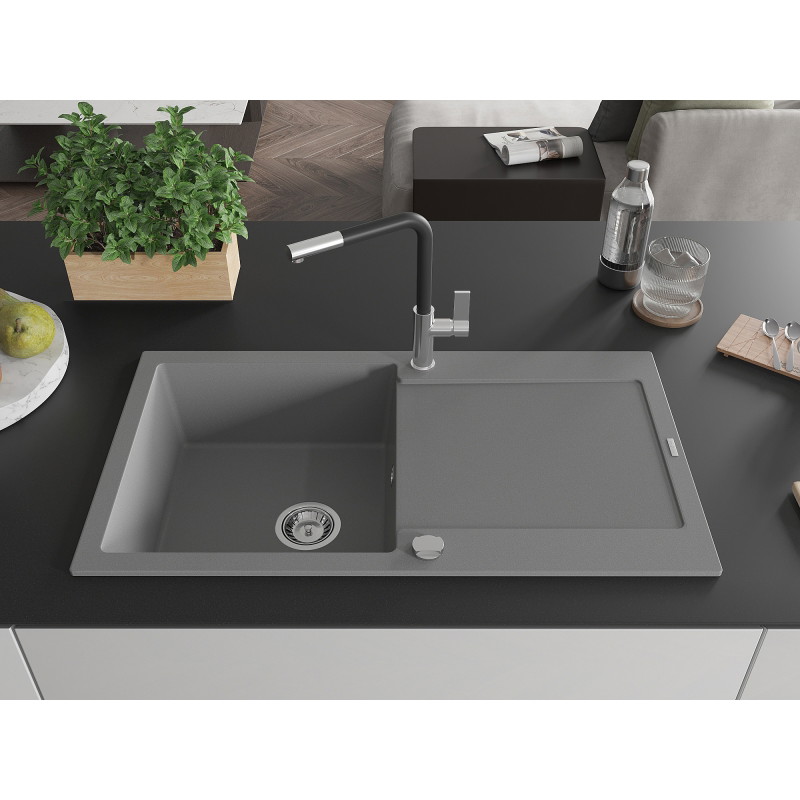 Mexen Leo 1-Schüssel Granitspüle mit Abtropffläche und Küchenarmatur Flora, grau - 6501-71-670401-07