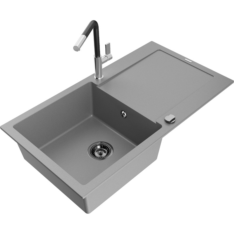 Mexen Leo Granitspüle 1-Becken mit Abtropffläche und Küchenarmatur Flora, grau - 6501-71-670401-07-B