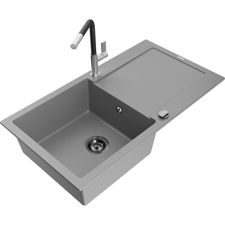 Mexen Leo Granitspüle 1-Becken mit Abtropffläche und Küchenarmatur Flora, grau - 6501-71-670401-07-B
