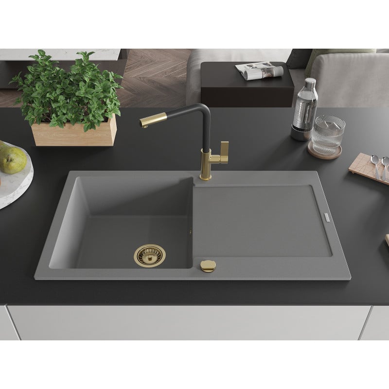 Mexen Leo Granitspüle mit 1 Becken, Abtropffläche und Küchenarmatur Flora, grau - 6501-71-670401-57-G