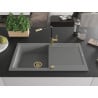 Mexen Leo Granitspüle mit 1 Becken, Abtropffläche und Küchenarmatur Flora, grau - 6501-71-670401-57-G