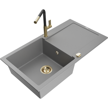 Mexen Leo Granitspüle 1-becken mit Abtropffläche und Küchenarmatur Flora, grau - 6501-71-670401-57-G