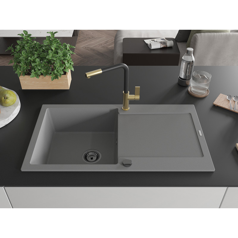 Mexen Leo Granitspüle 1-Becken mit Abtropffläche und Küchenarmatur Flora, grau - 6501-71-670401-57-B