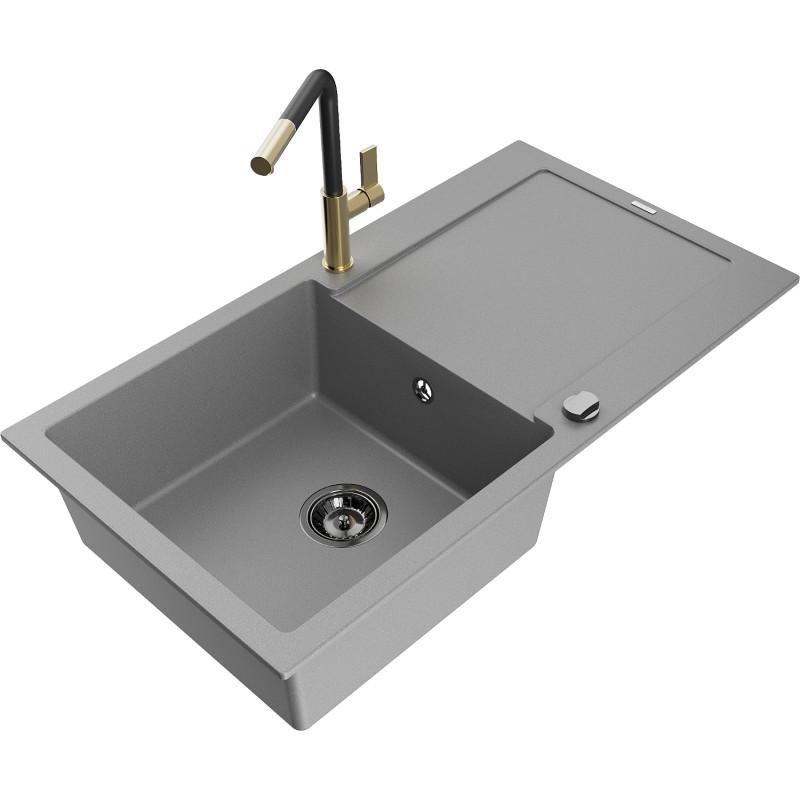 Mexen Leo Granit-Spüle 1-beckig mit Abtropffläche und Küchenarmatur Flora, grau - 6501-71-670401-57-B