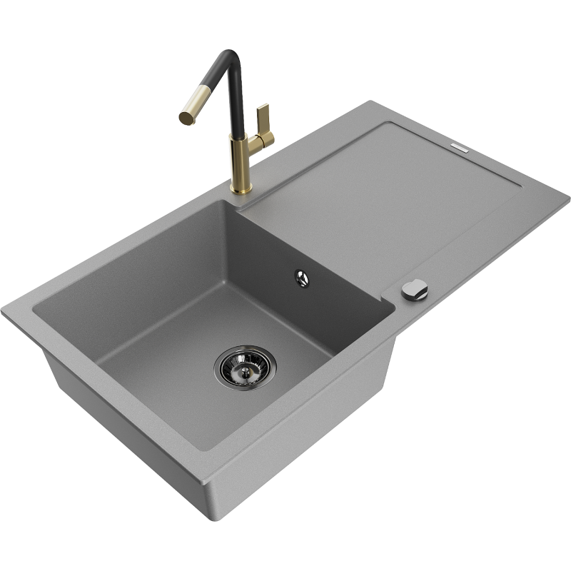 Mexen Leo Granitspüle 1-Becken mit Abtropffläche und Küchenarmatur Flora, grau - 6501-71-670401-57-B