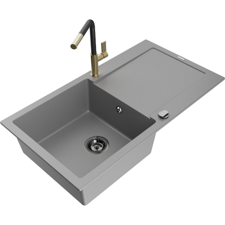 Mexen Leo Granitspüle 1-Becken mit Abtropffläche und Küchenarmatur Flora, grau - 6501-71-670401-57-B