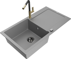 Mexen Leo Granitspüle 1-Becken mit Abtropffläche und Küchenarmatur Flora, grau - 6501-71-670401-57-B